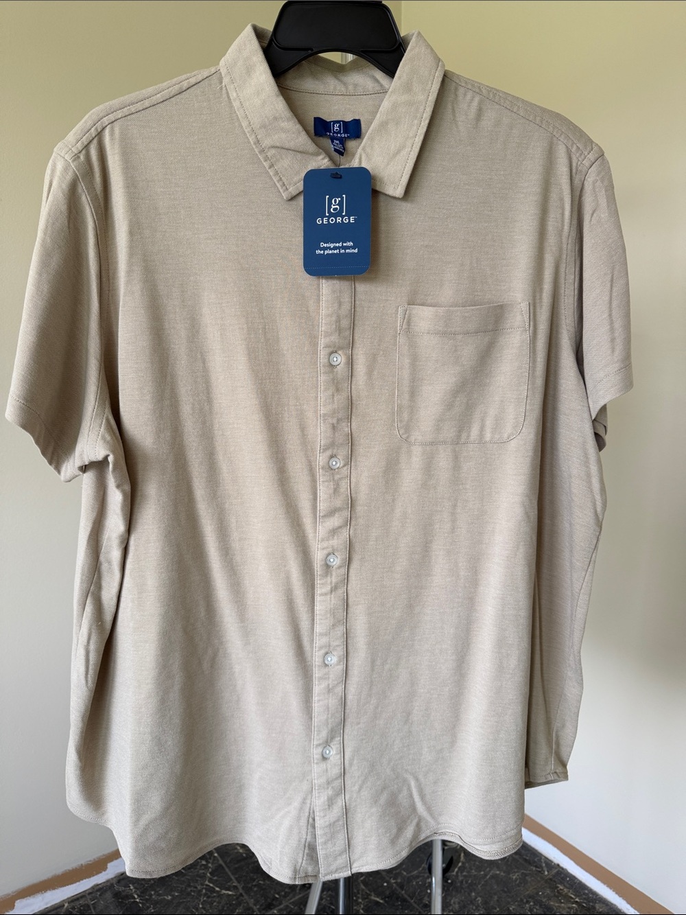 George Men's Casual Short-Sleeve Button-Down Shirt - Light Beige Sz 2XL